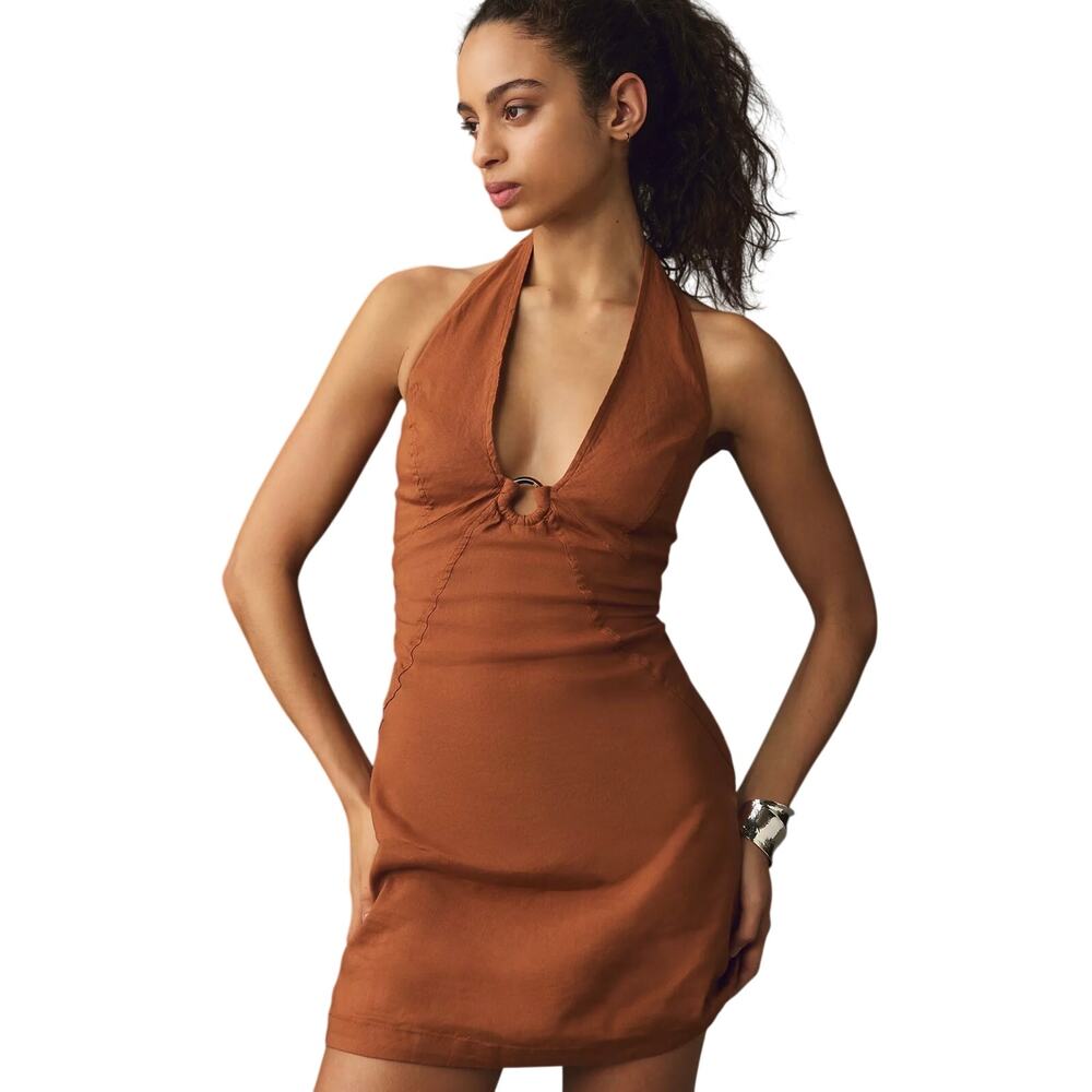 Anthropologie Maeve Halter Linen-Blend Mini Dress Brown Size 8 - Picture 4 of 11